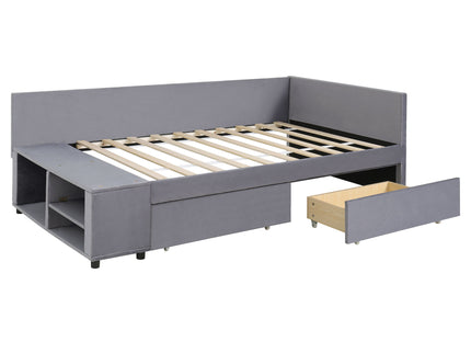 L Shaped Upholstered Platform Bed With Storage And Drawers