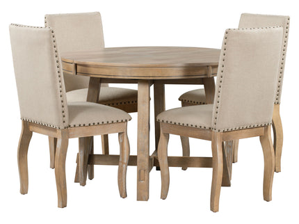 Round Extendable Dining Table Set With 4 Upholstered Chairs