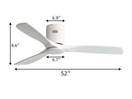 52" Flush Mount Ceiling Fan & Remote, No Light, 3 Blades, 6 Speed DC Motor For Indoor Patio - White