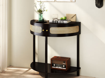 Boho Rattan Semi Circle End Table With Sliding Rattan Door, Storage And Bottom Shelf