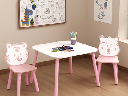 Table And Chair Set, 3 Piece Wooden Toddler Desk With Animal Backrest - Pink / White