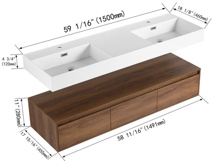 Contemporary Wall Mounted Bathroom Vanity With Dual Resin Sink And Soft Close Drawer