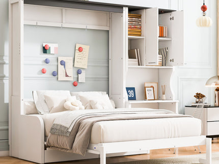 Multi Functional Murphy Bed With Sofa, Desk, And Storage Cabinet In, Full Size - White