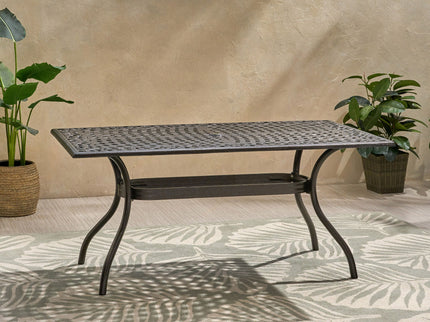 Celestine - Outdoor Cast Aluminum Dining Table With Floral Lattice Design And Umbrella Holder