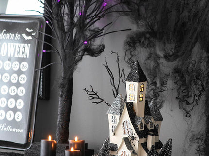 Cardboard Lighted Haunted House, Tabletop Holiday Halloween Decor, Battery Powered - Beige / Black
