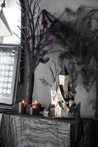 Cardboard Lighted Haunted House, Tabletop Holiday Halloween Decor, Battery Powered - Beige / Black