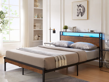 Metal Platform Bed Frame With Wooden Headboard And Footboard With USB Liner, LED Lights, No Box Spring Needed, Large Under Bed Storage