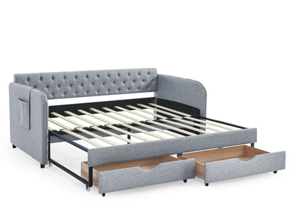 Daybed With Trundle And Storage Drawers, Flat Arms With Pocket