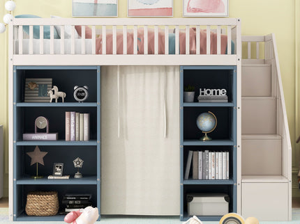 Full Size Loft Bed With 2 Four Layer Storage Cabinets And Curtain With Built In Staircase And Privacy Curtain - White