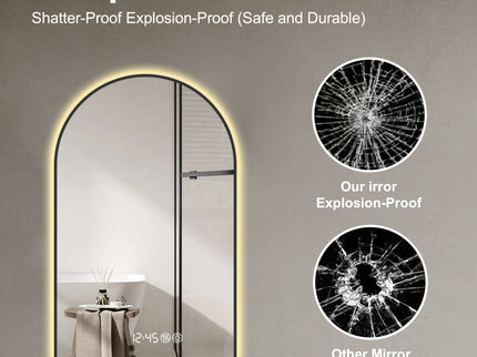 Arched LED Vanity Mirror With Time & Temperature Display, Anti-Fog, Dimmable Backlight In Frame, 3 Color Temperatures