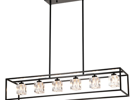 6 Light Farmhouse Chandelier, Modern Industrial Linear Rectangular Crystal Pendant Light Cage Chandelier For Dining Room, Kitchen Island, Bar, Long Table, G9*6 Bulbs Included - Matte Black