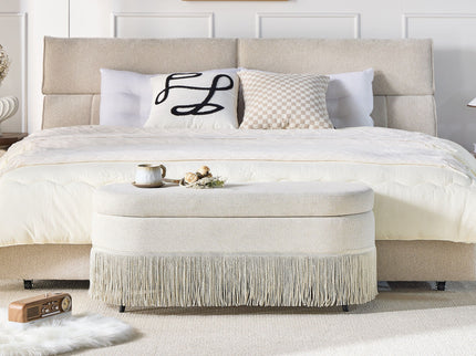 Oval Upholstered Storage Ottoman With Fringe Trim & Lift Top Lid