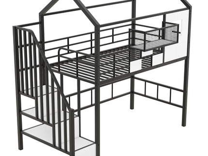 Metal Loft Bed With Roof Design And Storage Box With Guardrails And Integrated Ladder