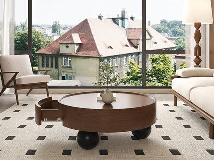 Round Coffee Table With Storage Drawer And Ball Feet - Walnut / Black