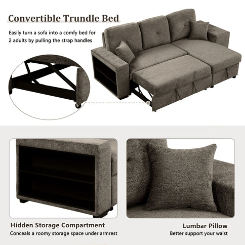 Reversible Sleeper Sectional Sofa Bed With Side Shelf And 2 Stools, Pull-Out L-Shaped Sofa Bed, Corner Sofa-Bed With Storage Chaise Left / Right Hande For Living Room