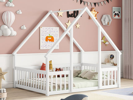 Wood House-Shaped Floor Bed With Fence, Guardrails