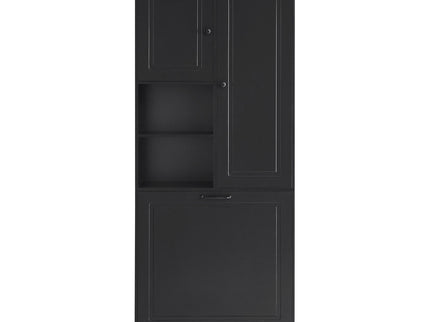Modern Tall Storage Cabinet With Adjustable Shelves, Flip-Out Basket & Enclosed Doors