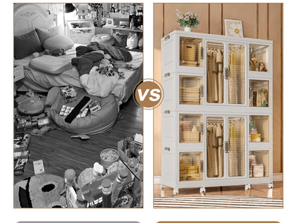 Portable Wardrobe Closet Storage Organizer For Clothes With Magnetic Doors, 12 Cubes & 2 Hanging Rods - White