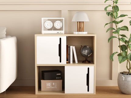 Storage Cabinet With Sliding Doors, 2 Tier Open And Closed Shelves Organizer - Natural / White