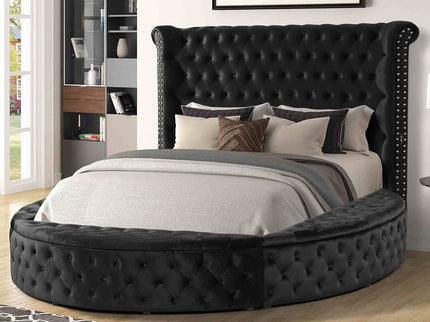 Glam Button Tufted Wingback Round Bed With Storage And USB Ports