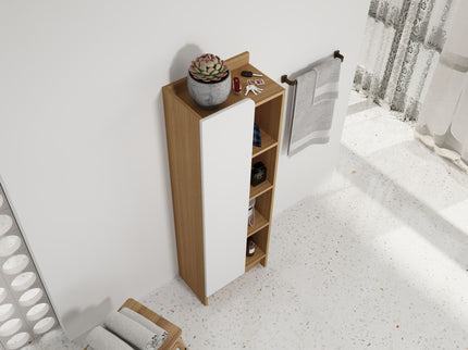 Tall Freestanding Bathroom Side Cabinet With Single Door & 4 Tier Open Shelves - Black / Light Oak / White