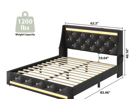 Wingback Upholstered Bed Frame With LED Lights, Charging Station