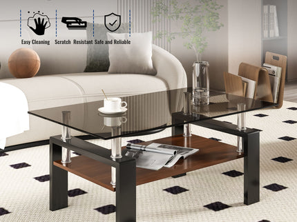 Modern Rectangular Coffee Table With Tempered Transparent Glass Top And Storage Shelf