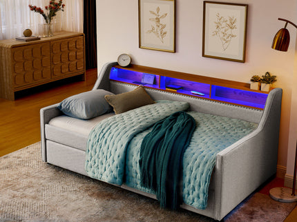 Twin Upholstered Sofa Bed With LED Lights, Storage Drawers, Adjustable Headboard & Wireless Charging - Beige
