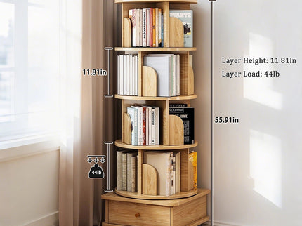 Rotating Bookshelf With Wheels And Drawer, 360° Spinning Design, Space Saving Storage