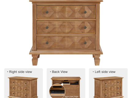 Nightstand With Charging Station, 3 Drawer Bedside Table - Natural Wood