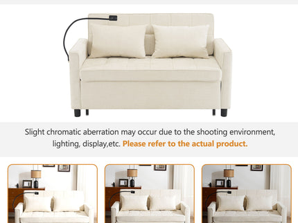 Pull-Out Sleeper Sofa With Reversible Backrest Cushion, Side Pockets, 2 USB Ports And A Phone Holder For Living Room