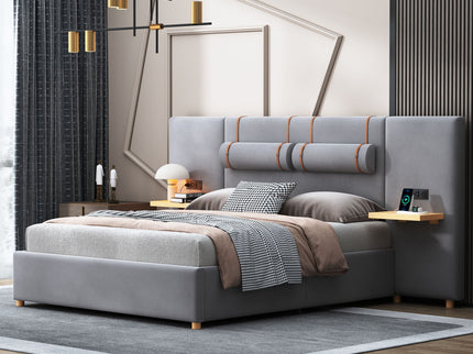 Upholstered Platform Bed, 2 Outlets And USB Charging Ports On Both Sides, 2 Bedside Pillows, Storage Shelves