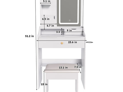 3 Color LED Vanity Mirror With Stool, Dressing Table For Bedroom, 2 Drawers & 5 Storage Cabinets (4 Open + 1 Hidden), Adjustable Lighting - White