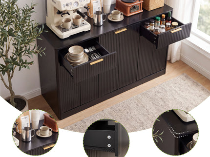 Large Fluted Buffet Sideboard, Wine Bar Storage Cabinet With 6 Doors & 2 Drawers