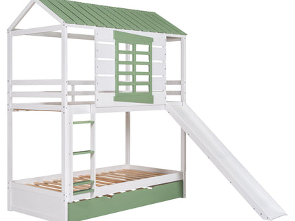 Twin Over Twin House Bunk Bed With Convertible Slide And Trundle - White