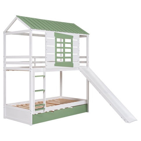 Twin Over Twin House Bunk Bed With Convertible Slide And Trundle - White