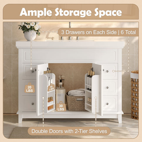 Bathroom Vanity & Sink, 6 Soft Close Drawers & Double Doors - White