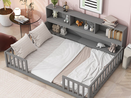 Floor Bed With Side Bookcase, Shelves, Guardrails