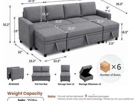 Extra Wide U - Shape Convertible Sleeper Sofa Bed With Dual Storage Ottoman