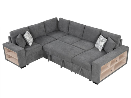 U-Shaped Sectional Sofa Pull-Out Sofa Bed With Two USB Ports, A Storage Chaise Lounge And Four Back Pillows For Living Room