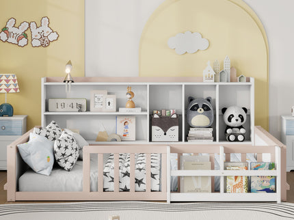 Platform Bed Frame With Guardrail, Storage Shelves & Bookshelf