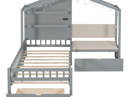 House Bed With Upholstered Sofa, Wireless Charging Station, Shelves And 2 Drawers