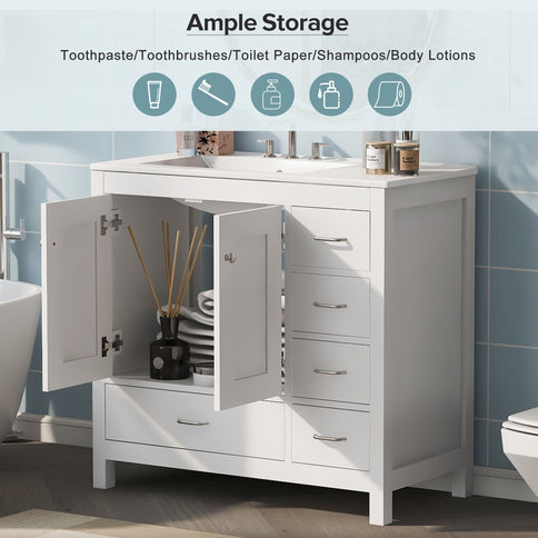 Bathroom Vanity With Ceramic Sink Combo, Abundant Storage Cabinet 2 Soft Close Doors And 5 Drawers