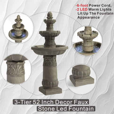 3 Tier Outdoor Garden Fountain With LED Lights - Gray