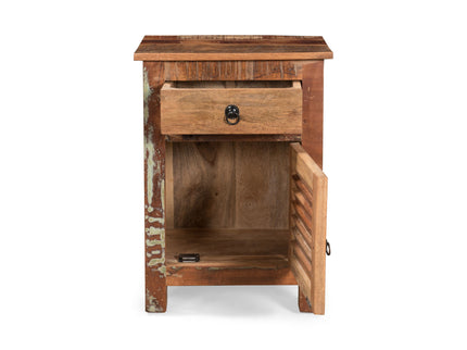 Recycled Wood Side Table With Drawer And Door - Natural