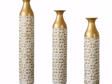 Mother's Day Gift Set Gilded White 3D Relief Flower Metal Vase Set - White / Gold