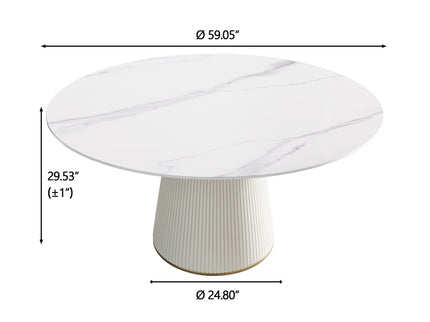 Modern Artificial Stone Round Plywood Base Dining Table, Can Accommodate 8 People, (Not Including Chairs) - White / Beige