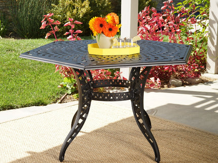 Outdoor Cast Aluminum Dining Table With Lattice Top And Umbrella Hole - Black