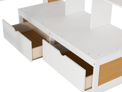 Full Size Loft Bed With Desk And Shelves, 2 Built In Drawers, Storage Staircase - Natural / White