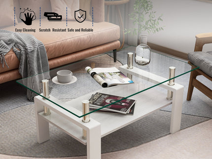 Modern Rectangular Coffee Table With Tempered Transparent Glass Top And Storage Shelf